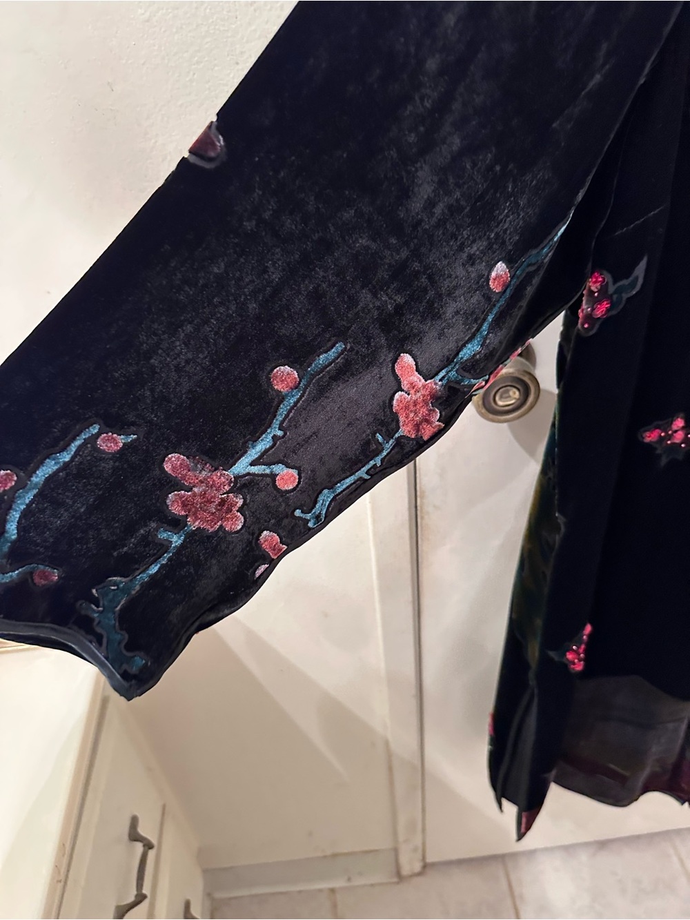 Citron Black Velvet Shirt with Red Embroidered Floral Accents - Picture 4 of 5